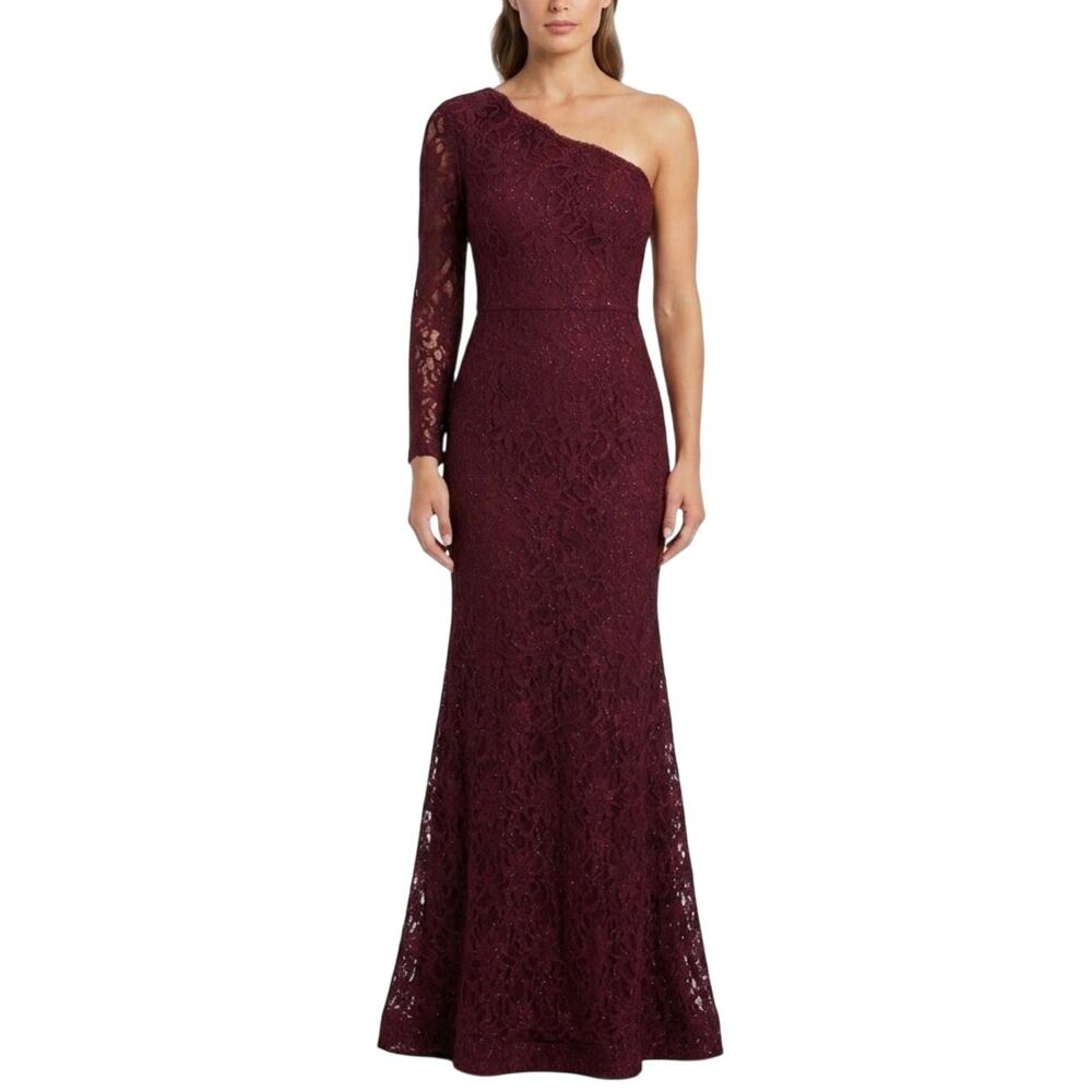XSCAPE Red Evening Gown Metallic Lace One Shoulder Long Mermaid Dress Size 8